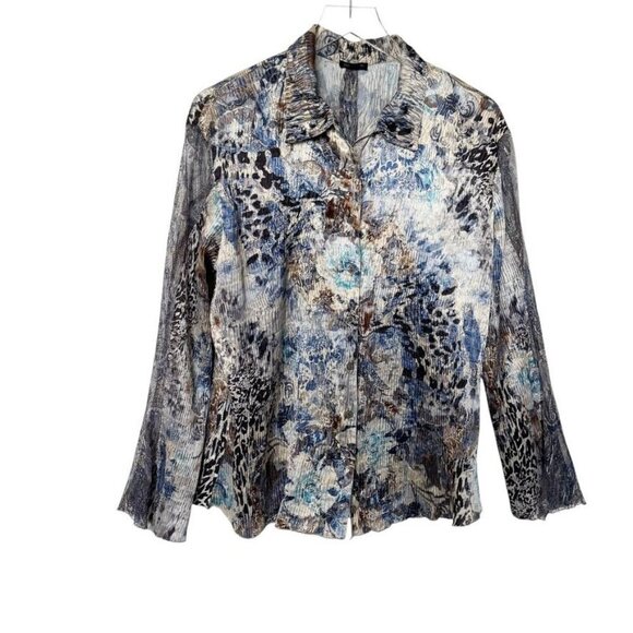 KOMAROV Blue Watercolor Ruffle Bell Sleeve Crinkle Blouse lace size Medium shirt - Picture 1 of 9